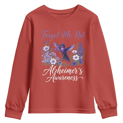Forget Me Not Alzheimers Support Youth Sweatshirt Hummingbird Purple Ribbon Floral
