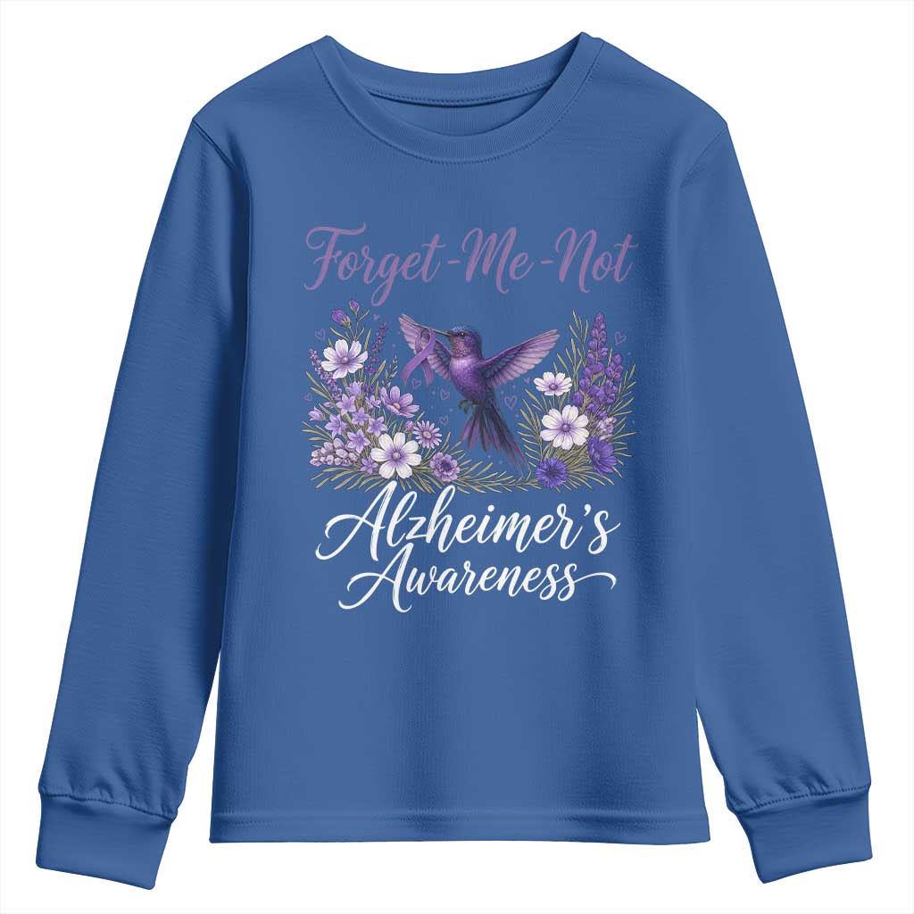 Forget Me Not Alzheimers Support Youth Sweatshirt Hummingbird Purple Ribbon Floral