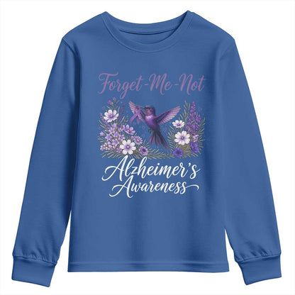 Forget Me Not Alzheimers Support Youth Sweatshirt Hummingbird Purple Ribbon Floral