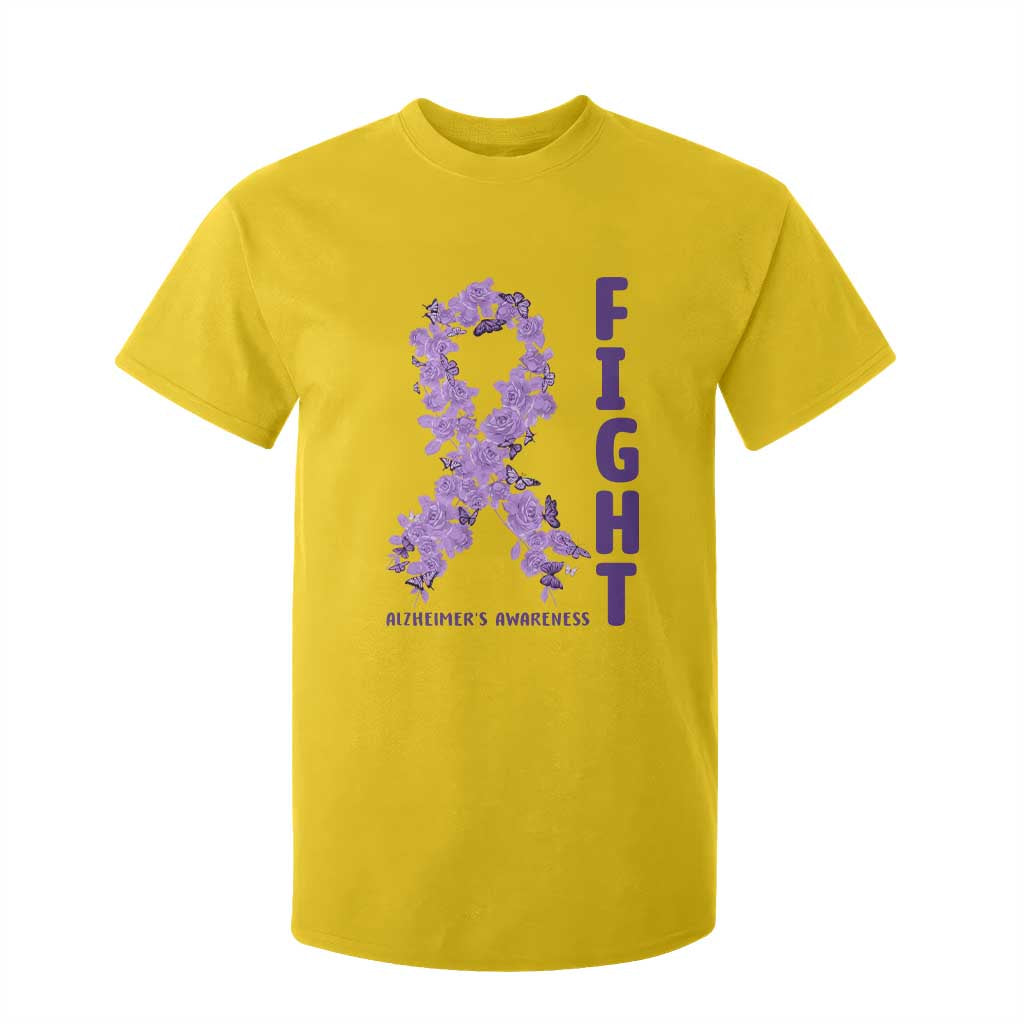 Fight Alzheimers Support T Shirt For Kid Purple Ribbon Floral Butterfly