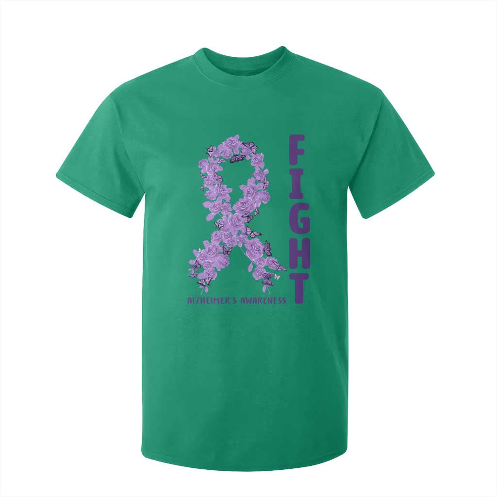 Fight Alzheimers Support T Shirt For Kid Purple Ribbon Floral Butterfly