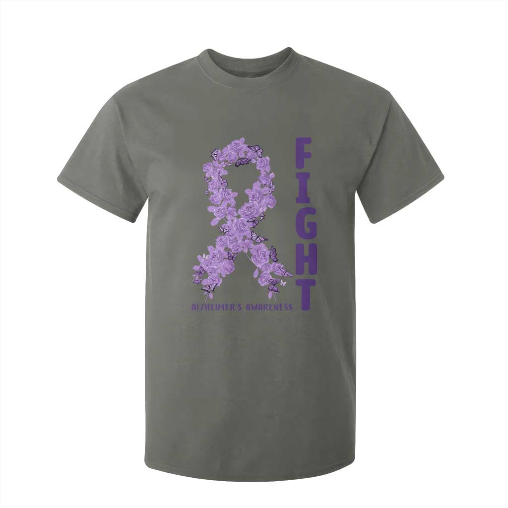 Fight Alzheimers Support T Shirt For Kid Purple Ribbon Floral Butterfly