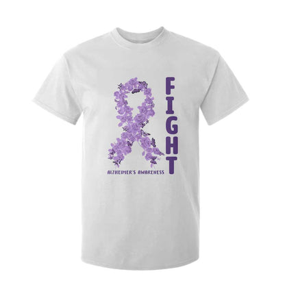 Fight Alzheimers Support T Shirt For Kid Purple Ribbon Floral Butterfly