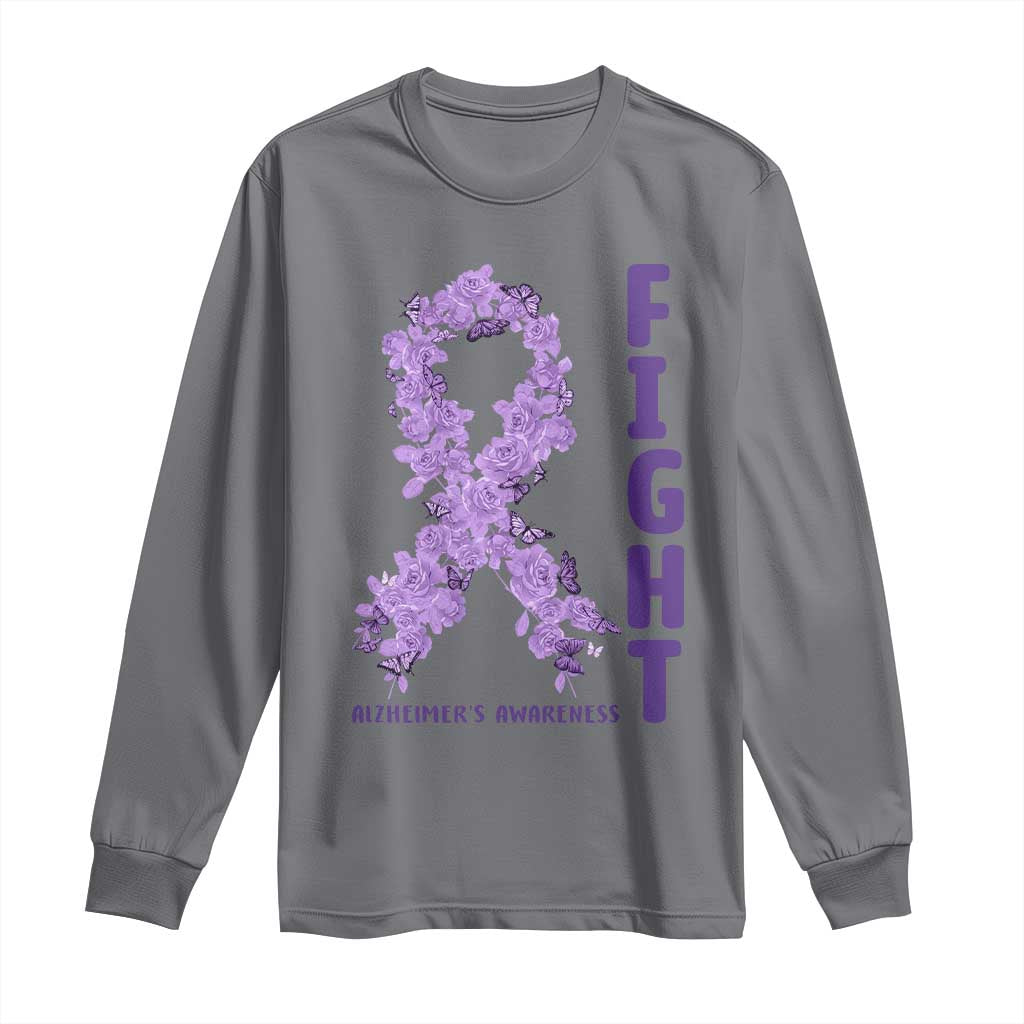 Fight Alzheimers Support Long Sleeve Shirt Purple Ribbon Floral Butterfly