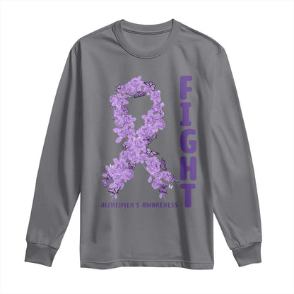 Fight Alzheimers Support Long Sleeve Shirt Purple Ribbon Floral Butterfly