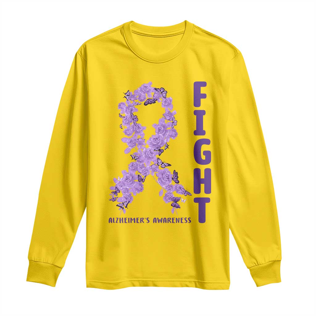 Fight Alzheimers Support Long Sleeve Shirt Purple Ribbon Floral Butterfly