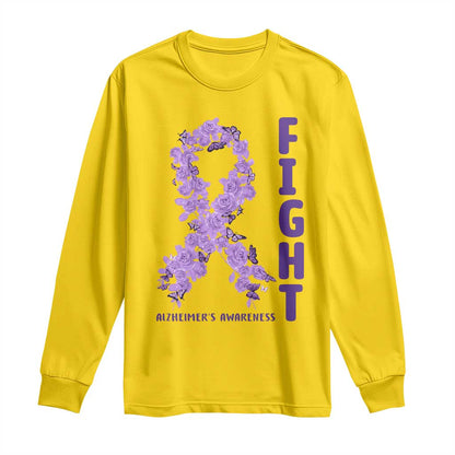 Fight Alzheimers Support Long Sleeve Shirt Purple Ribbon Floral Butterfly