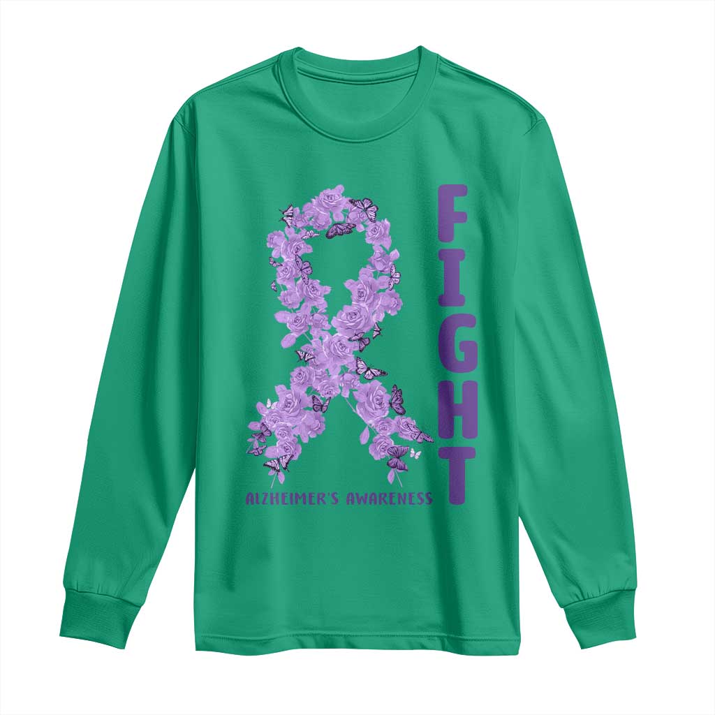 Fight Alzheimers Support Long Sleeve Shirt Purple Ribbon Floral Butterfly