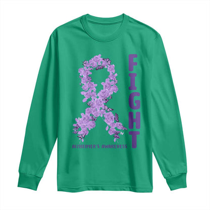 Fight Alzheimers Support Long Sleeve Shirt Purple Ribbon Floral Butterfly