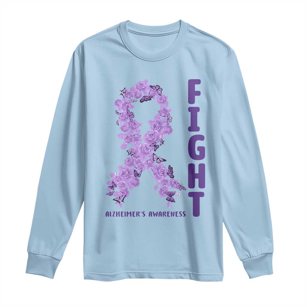 Fight Alzheimers Support Long Sleeve Shirt Purple Ribbon Floral Butterfly