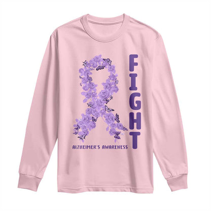Fight Alzheimers Support Long Sleeve Shirt Purple Ribbon Floral Butterfly