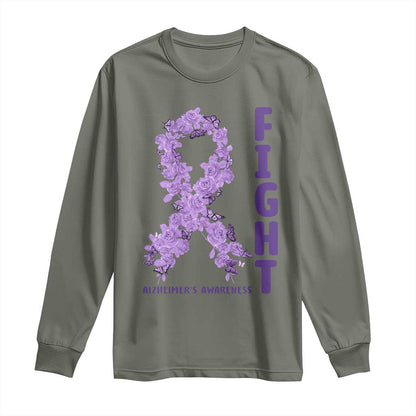 Fight Alzheimers Support Long Sleeve Shirt Purple Ribbon Floral Butterfly