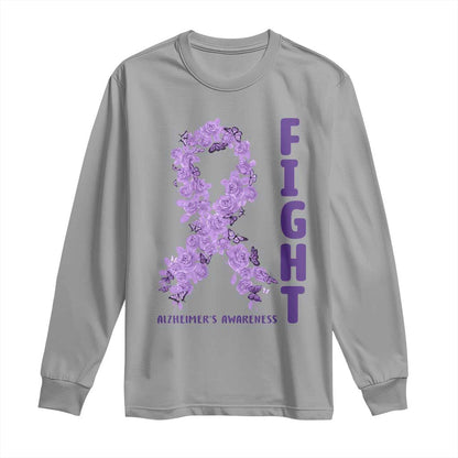 Fight Alzheimers Support Long Sleeve Shirt Purple Ribbon Floral Butterfly