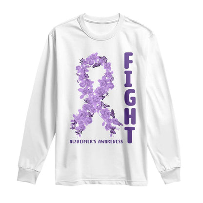 Fight Alzheimers Support Long Sleeve Shirt Purple Ribbon Floral Butterfly