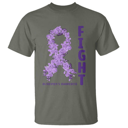 Fight Alzheimers Support T Shirt Purple Ribbon Floral Butterfly