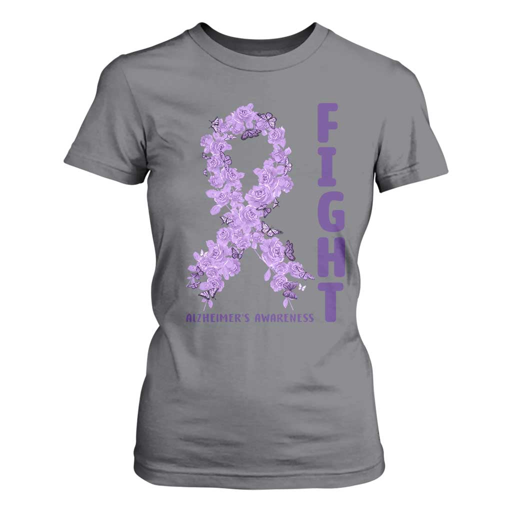 Fight Alzheimers Support T Shirt For Women Purple Ribbon Floral Butterfly