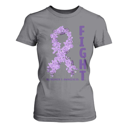 Fight Alzheimers Support T Shirt For Women Purple Ribbon Floral Butterfly