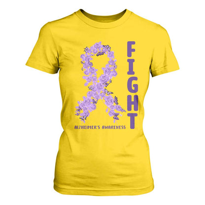 Fight Alzheimers Support T Shirt For Women Purple Ribbon Floral Butterfly