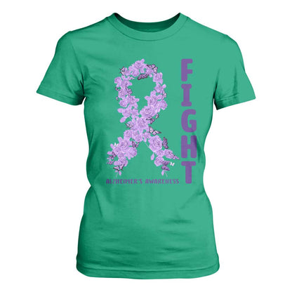 Fight Alzheimers Support T Shirt For Women Purple Ribbon Floral Butterfly