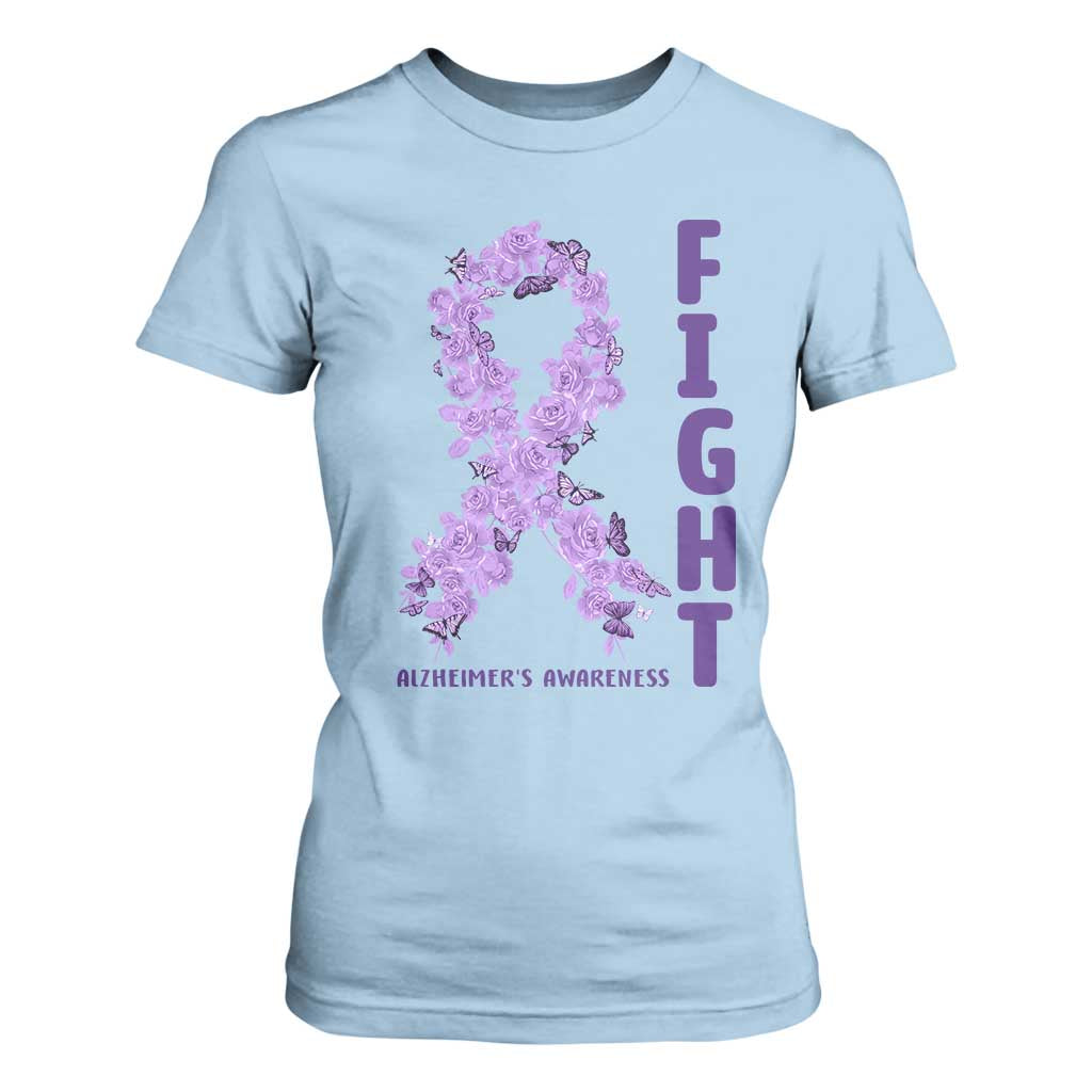 Fight Alzheimers Support T Shirt For Women Purple Ribbon Floral Butterfly