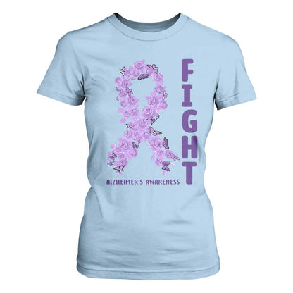 Fight Alzheimers Support T Shirt For Women Purple Ribbon Floral Butterfly