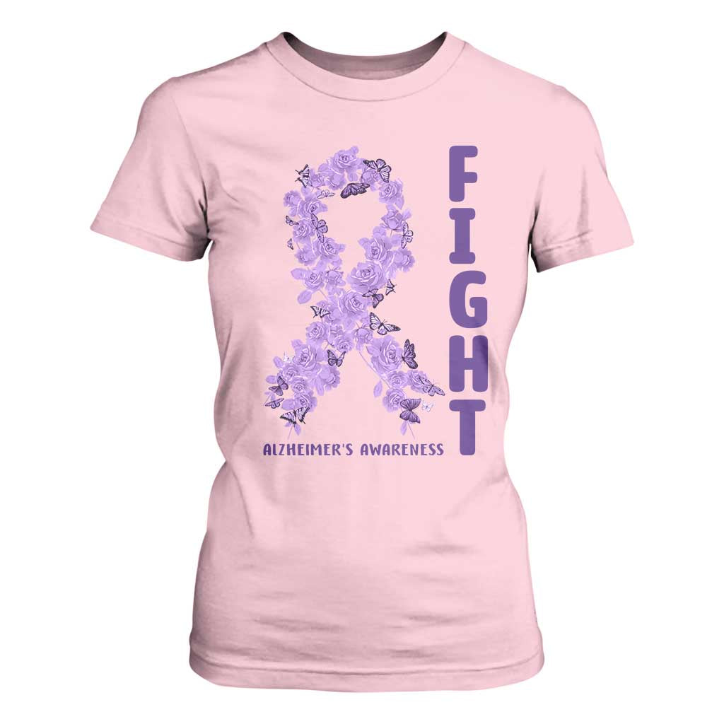 Fight Alzheimers Support T Shirt For Women Purple Ribbon Floral Butterfly