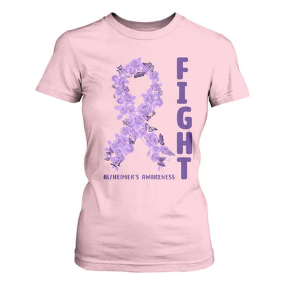 Fight Alzheimers Support T Shirt For Women Purple Ribbon Floral Butterfly