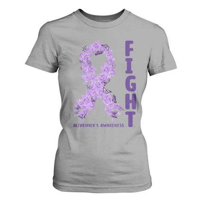 Fight Alzheimers Support T Shirt For Women Purple Ribbon Floral Butterfly