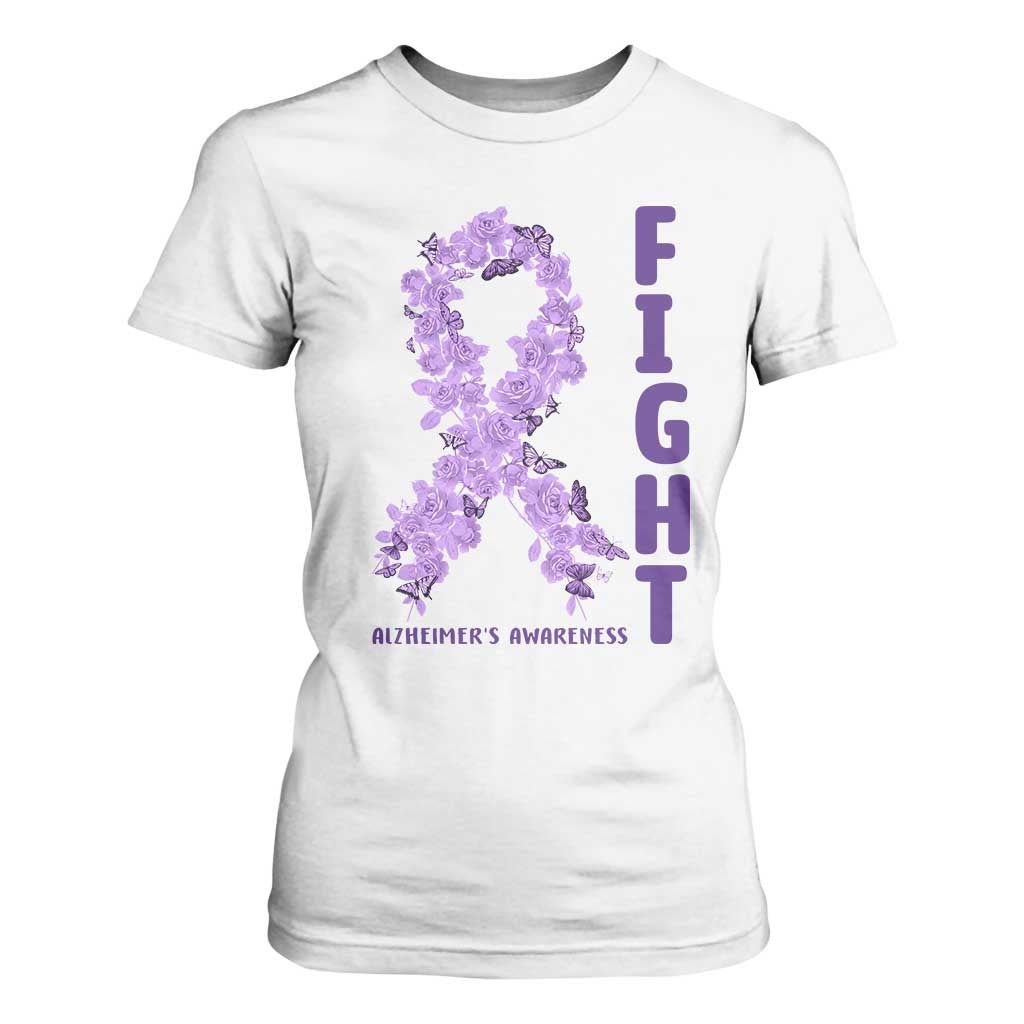 Fight Alzheimers Support T Shirt For Women Purple Ribbon Floral Butterfly