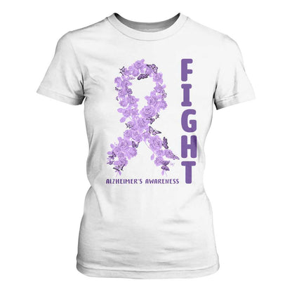 Fight Alzheimers Support T Shirt For Women Purple Ribbon Floral Butterfly