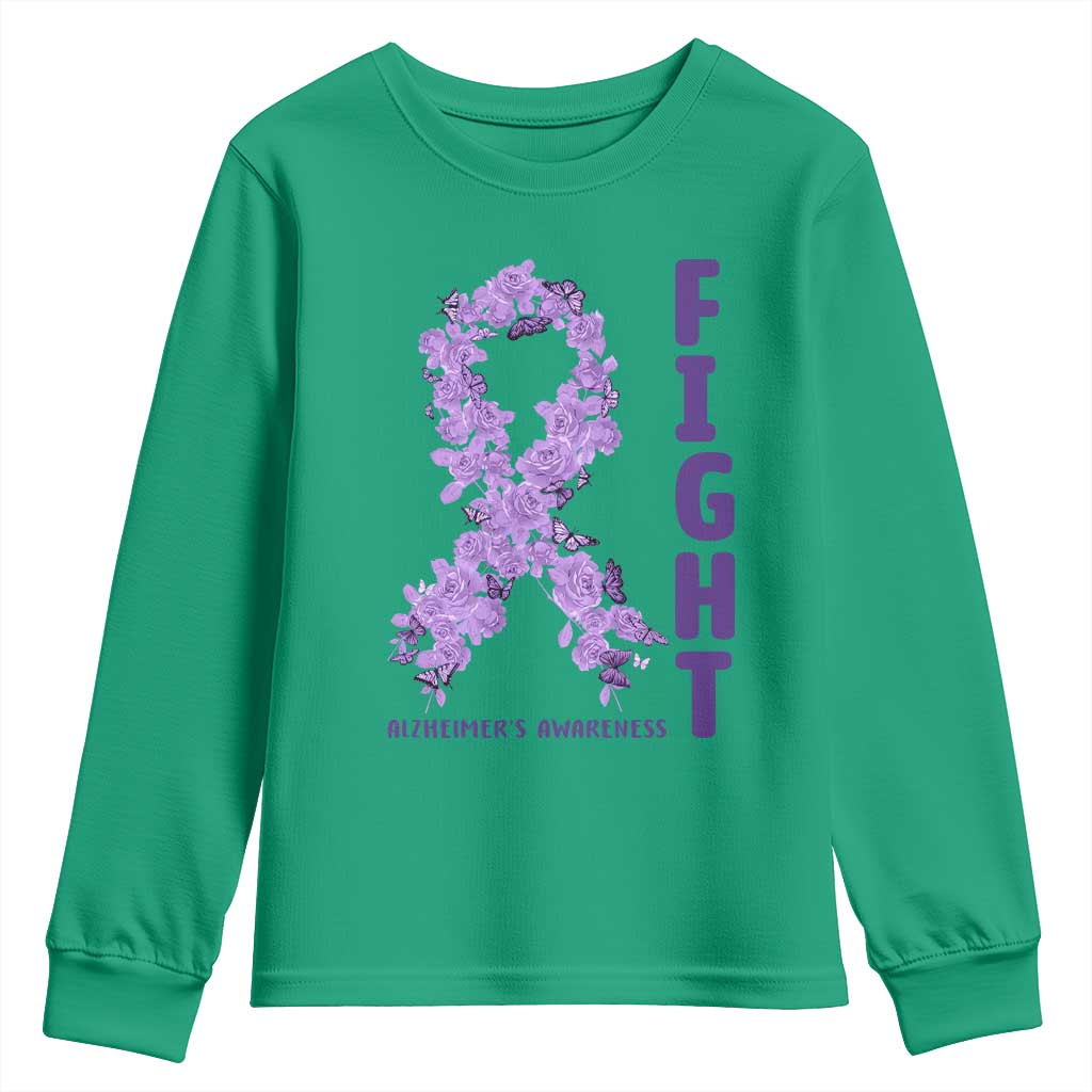 Fight Alzheimers Support Youth Sweatshirt Purple Ribbon Floral Butterfly