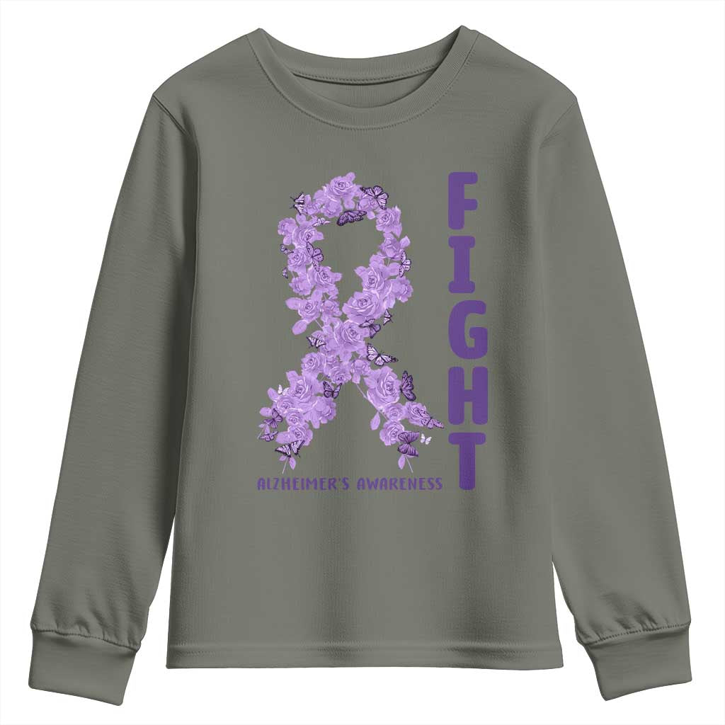 Fight Alzheimers Support Youth Sweatshirt Purple Ribbon Floral Butterfly