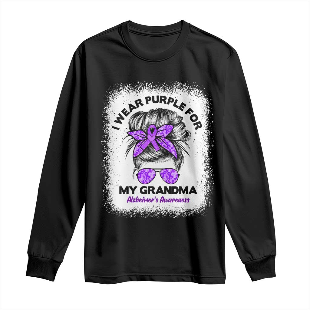 I Wear Purple For My Grandma Long Sleeve Shirt Alzheimers Support Messy Bun Graphic
