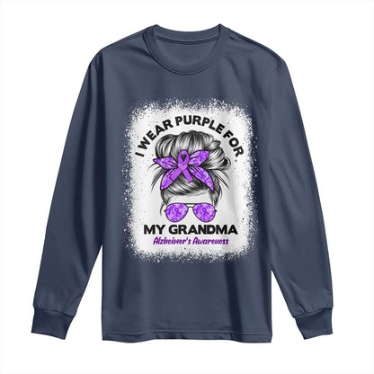 I Wear Purple For My Grandma Long Sleeve Shirt Alzheimers Support Messy Bun Graphic