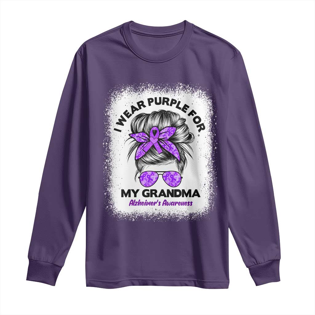 I Wear Purple For My Grandma Long Sleeve Shirt Alzheimers Support Messy Bun Graphic
