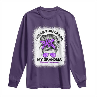 I Wear Purple For My Grandma Long Sleeve Shirt Alzheimers Support Messy Bun Graphic