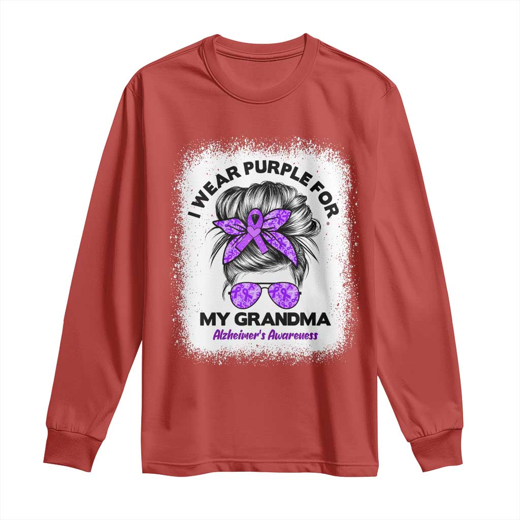 I Wear Purple For My Grandma Long Sleeve Shirt Alzheimers Support Messy Bun Graphic