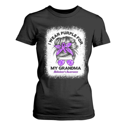 I Wear Purple For My Grandma T Shirt For Women Alzheimers Support Messy Bun Graphic