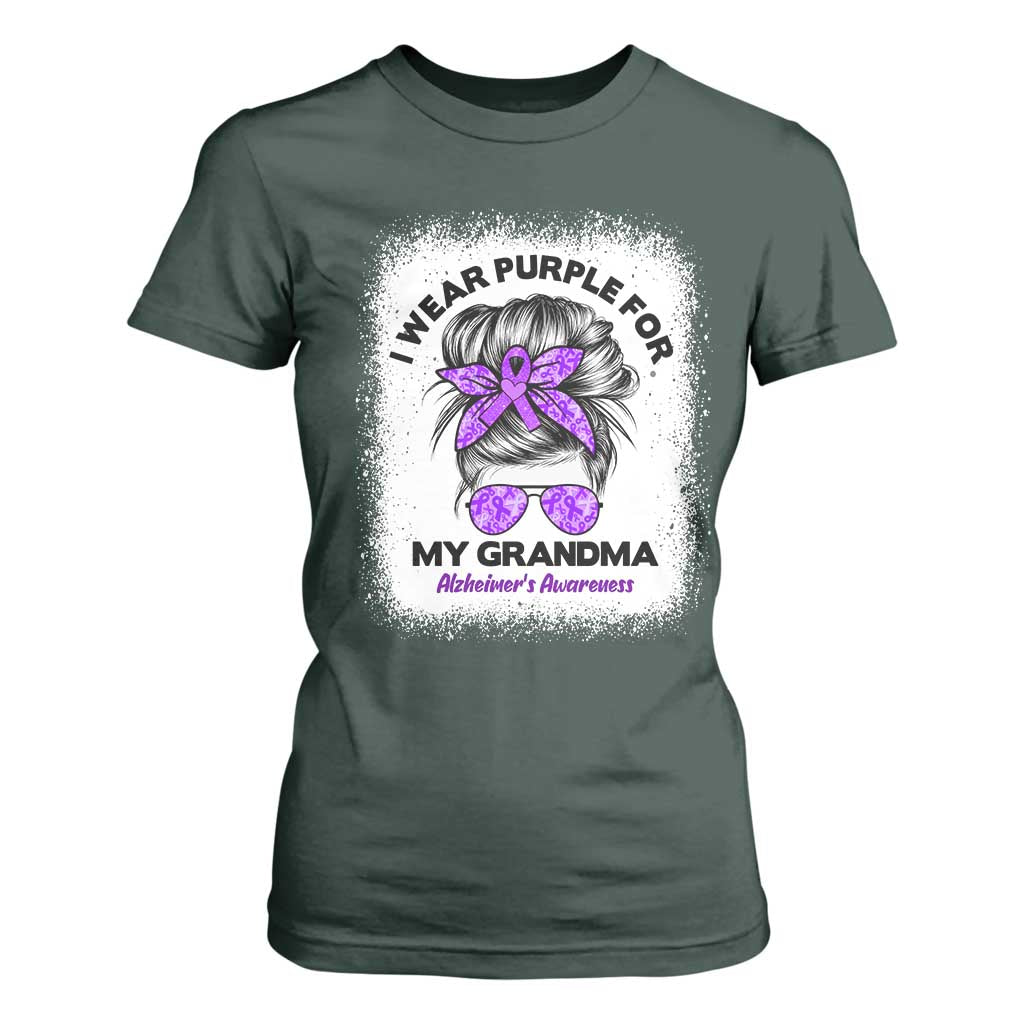I Wear Purple For My Grandma T Shirt For Women Alzheimers Support Messy Bun Graphic