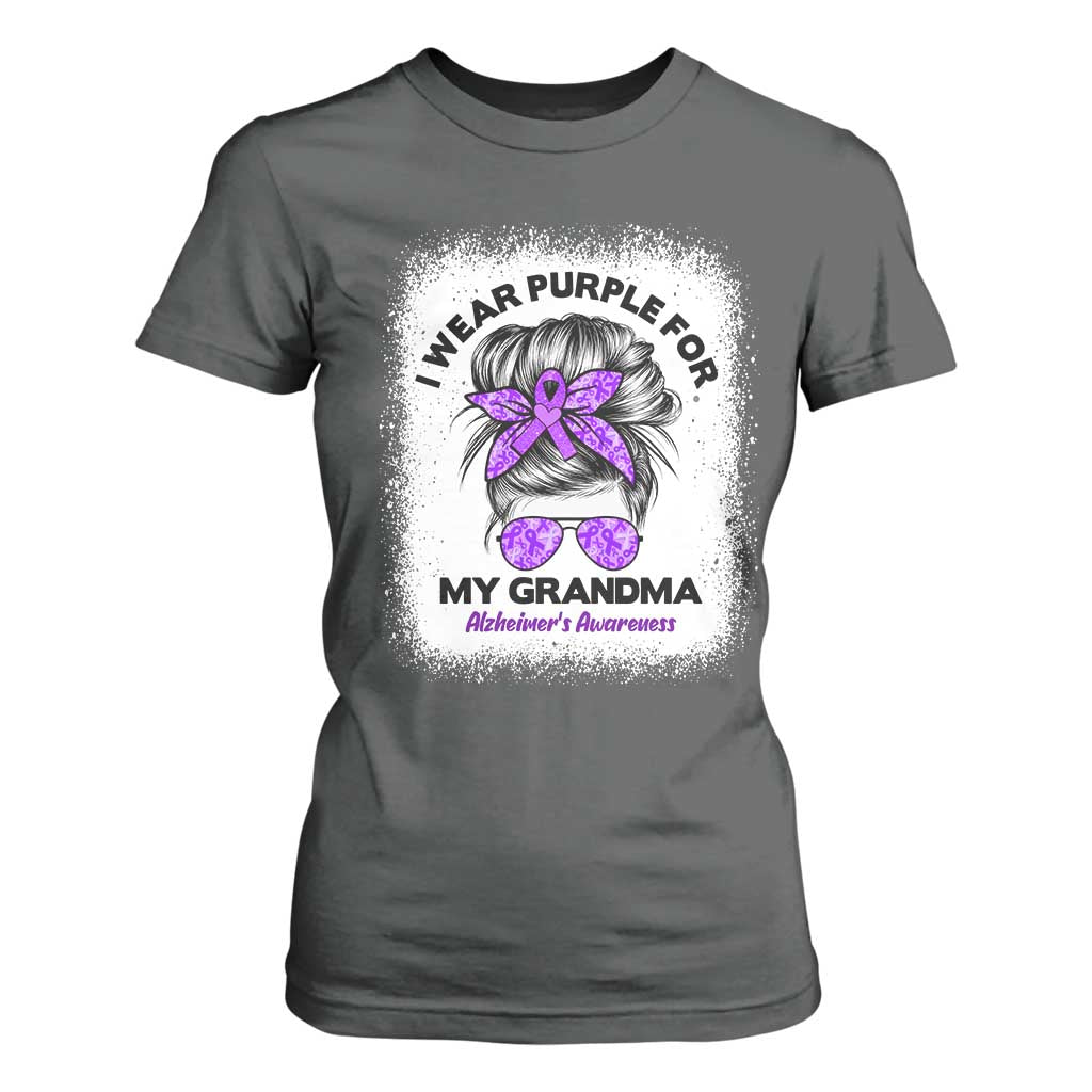 I Wear Purple For My Grandma T Shirt For Women Alzheimers Support Messy Bun Graphic