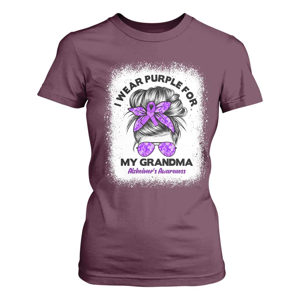 I Wear Purple For My Grandma T Shirt For Women Alzheimers Support Messy Bun Graphic
