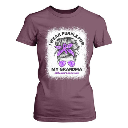 I Wear Purple For My Grandma T Shirt For Women Alzheimers Support Messy Bun Graphic