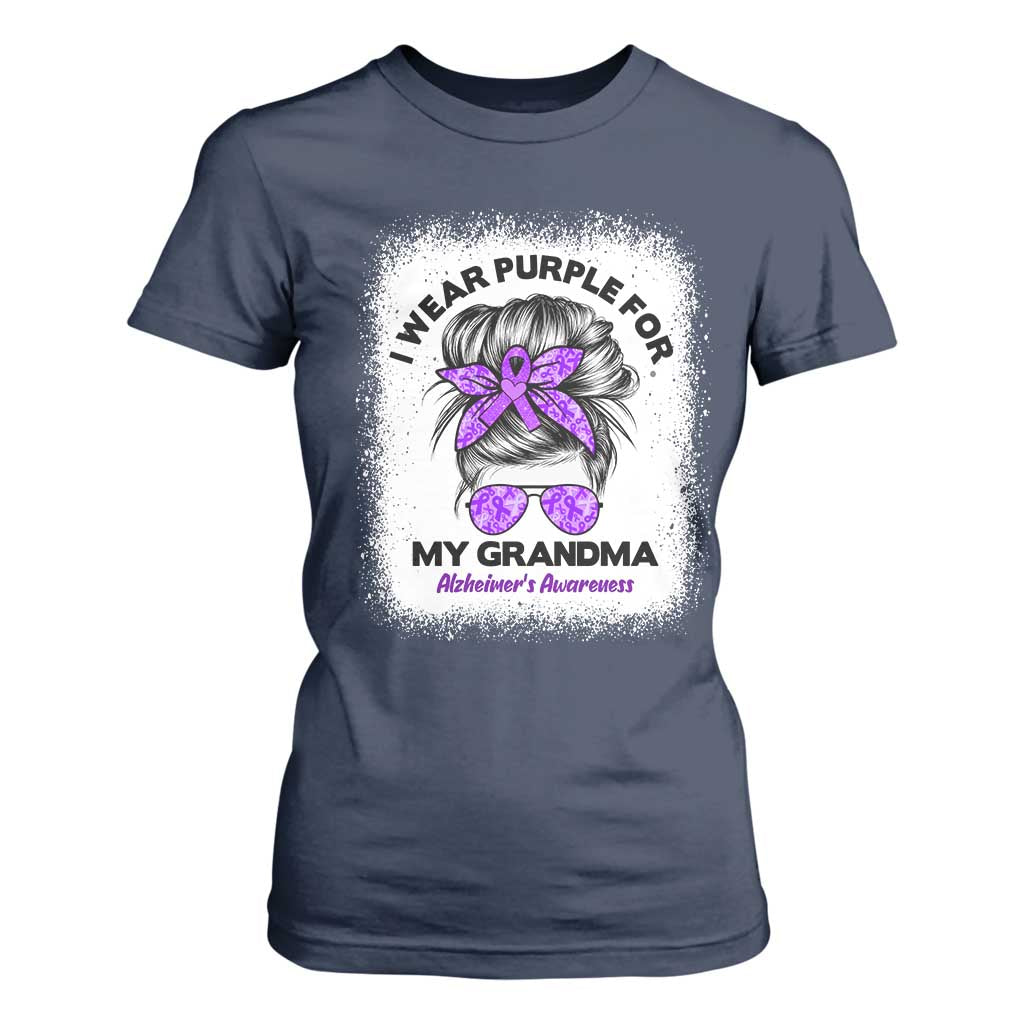 I Wear Purple For My Grandma T Shirt For Women Alzheimers Support Messy Bun Graphic