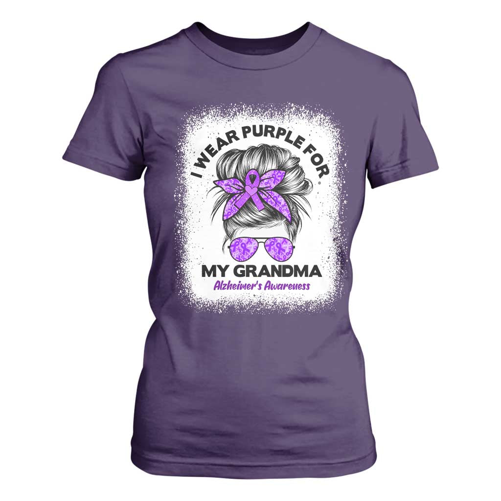 I Wear Purple For My Grandma T Shirt For Women Alzheimers Support Messy Bun Graphic