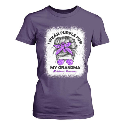 I Wear Purple For My Grandma T Shirt For Women Alzheimers Support Messy Bun Graphic