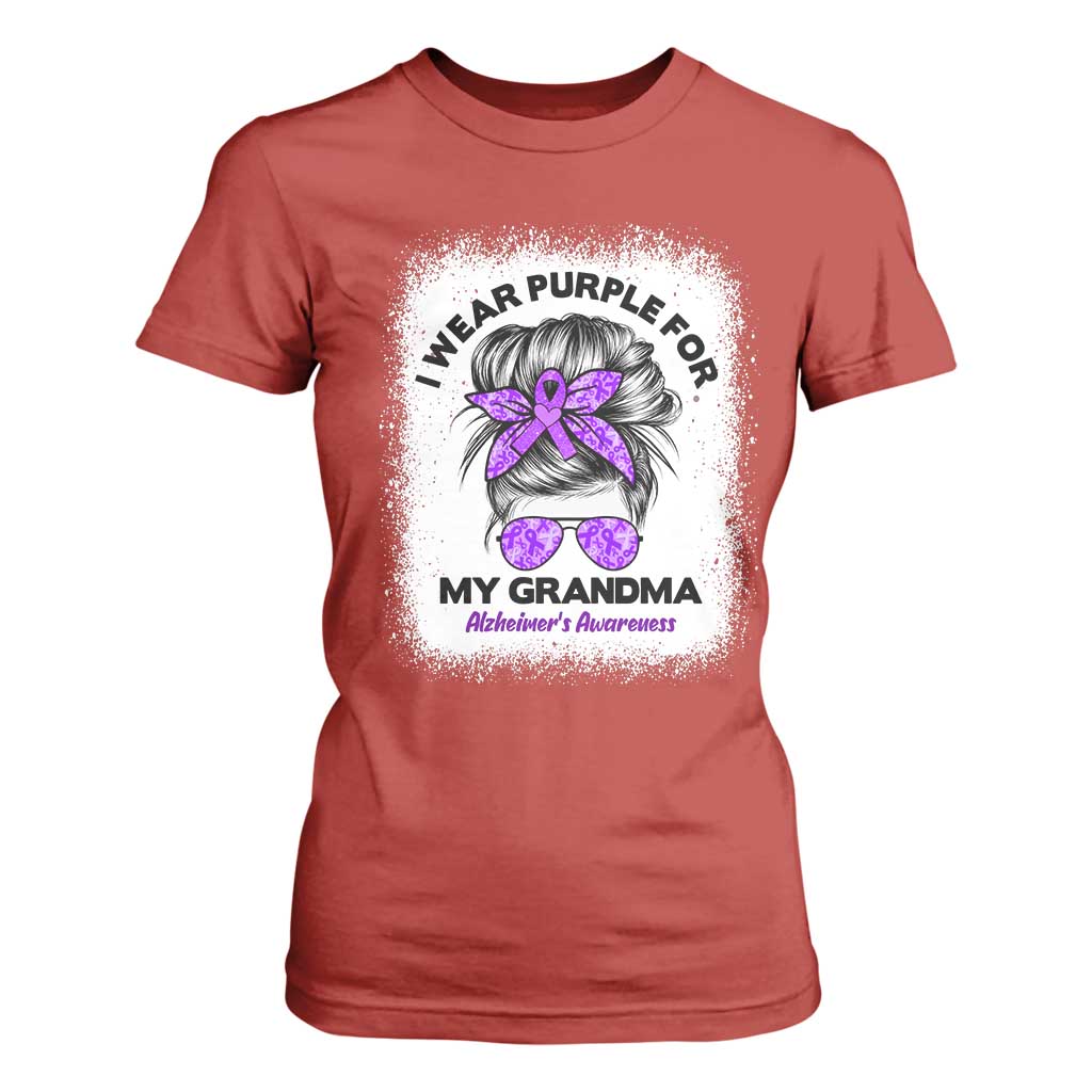 I Wear Purple For My Grandma T Shirt For Women Alzheimers Support Messy Bun Graphic