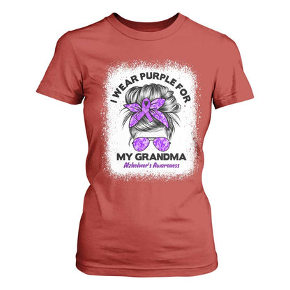 I Wear Purple For My Grandma T Shirt For Women Alzheimers Support Messy Bun Graphic