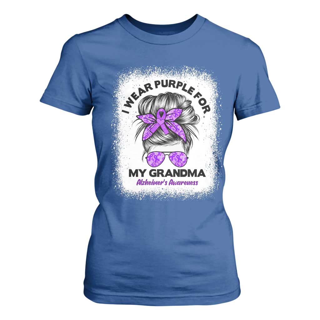 I Wear Purple For My Grandma T Shirt For Women Alzheimers Support Messy Bun Graphic