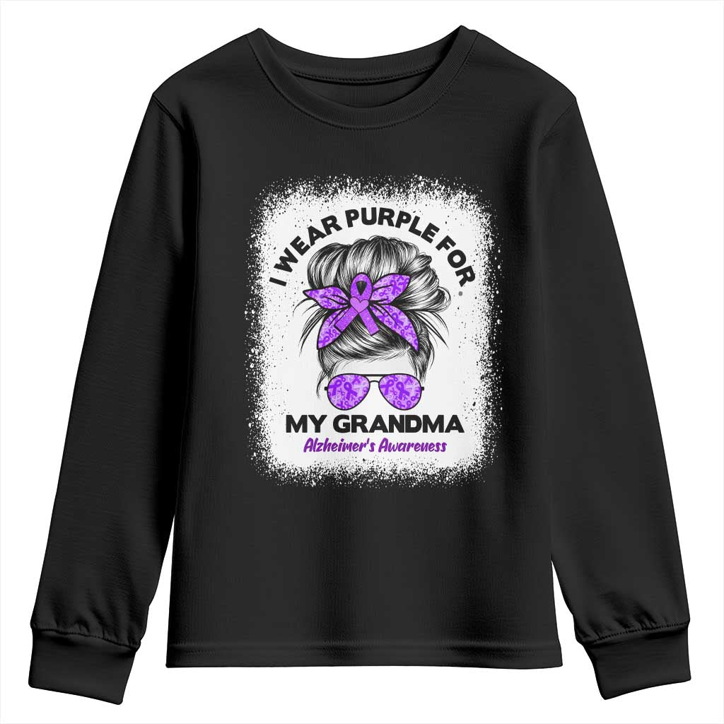 I Wear Purple For My Grandma Youth Sweatshirt Alzheimers Support Messy Bun Graphic