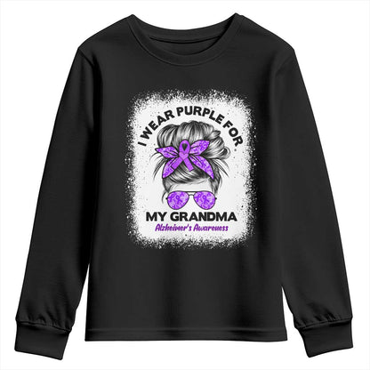 I Wear Purple For My Grandma Youth Sweatshirt Alzheimers Support Messy Bun Graphic